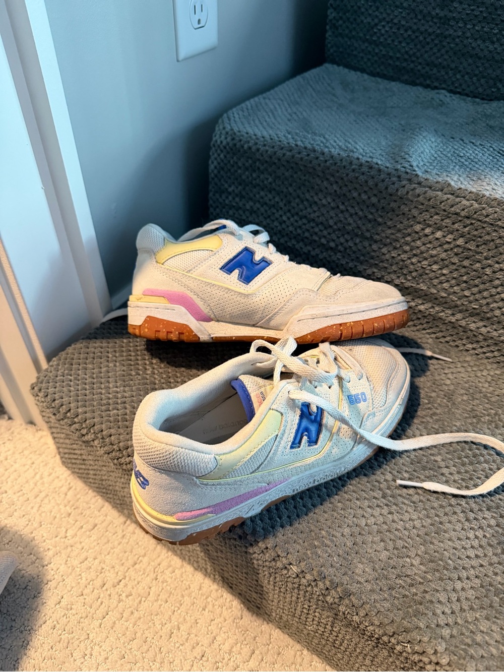 New Balance Kids 550 Cream Sneakers with Blue 'N' and Pink/Yellow Accents